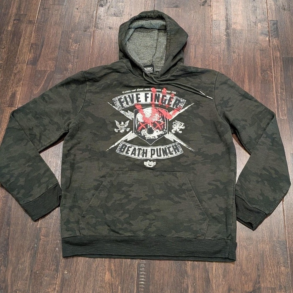 Five Finger Death Punch Hoodie Mens Medium Black Green Camo Pullover Graphic